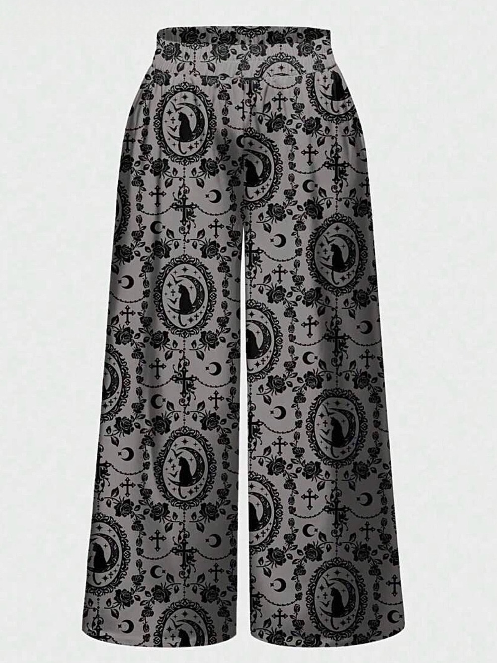 Romwe Wide Leg Gothic Print Pants in Gray and Black